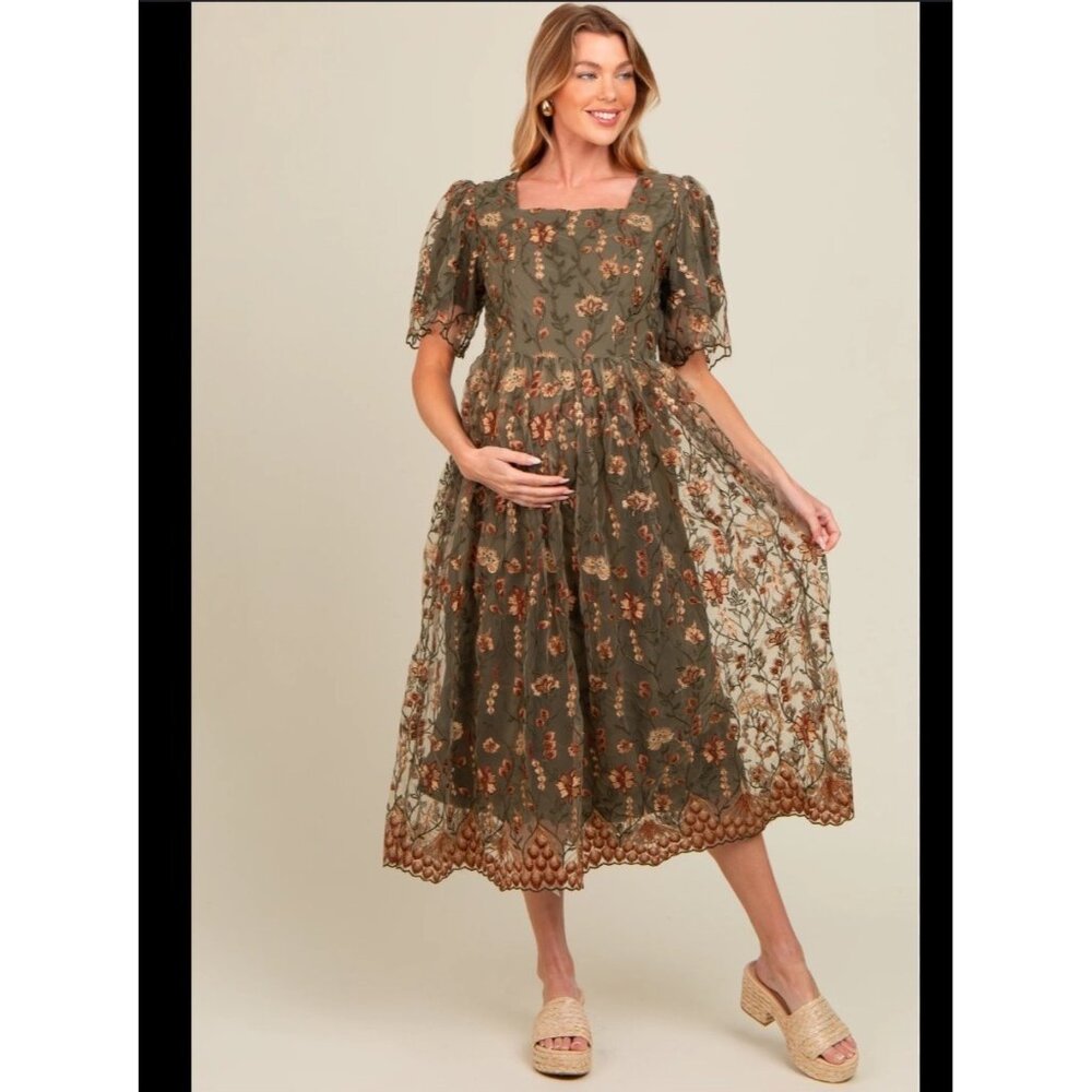 Deauville Maternity Floral Embroidered Midi Dress L Green Orange Lace Hem Short